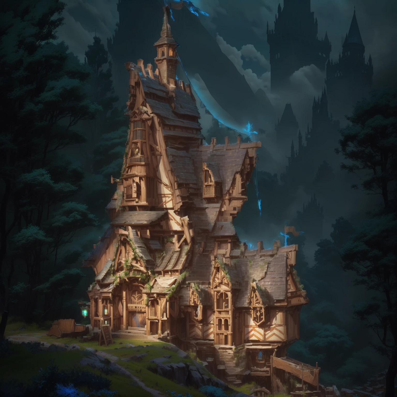 Close-up of the house，There is a flag on it, Fantasy Architecture, giant medieval tower concept art,Concept art is very detailed, The Mage Tower is far away, Wizard Tower, Ruina Library concept art, Magic Castle School on the Hill, Elf Building, Wizard Tower, Medieval Concept Art,Medieval architecture，Pub，shop，grassland上有一栋建筑，grassland，lawn，