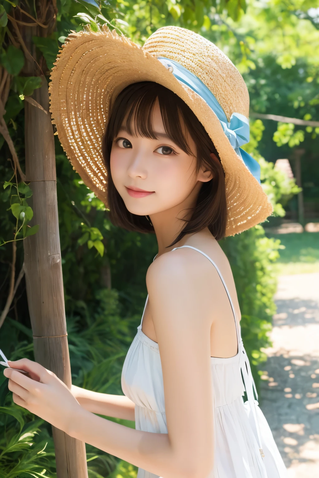 Ghibli style、Straw hat、Breeze、summer、White dress、high resolution、Highest quality、masterpiece