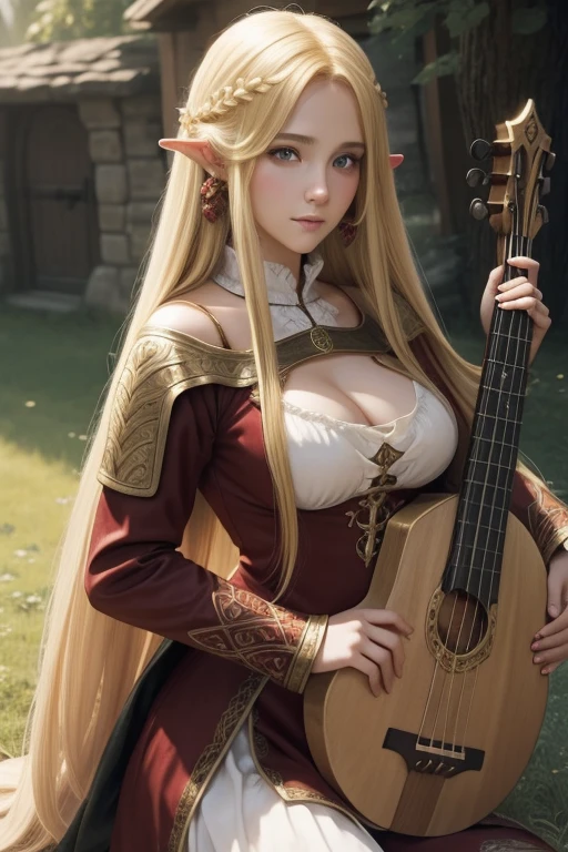Create a fantasy image of a blonde, well-endowed barbarian warrior in a loincloth, nude, sitting in a field of colorful flowers with a black tower in the background, absurd, high resolution, ultra-sharp, 8K, masterpiece, looking at the viewer,(((from side)))