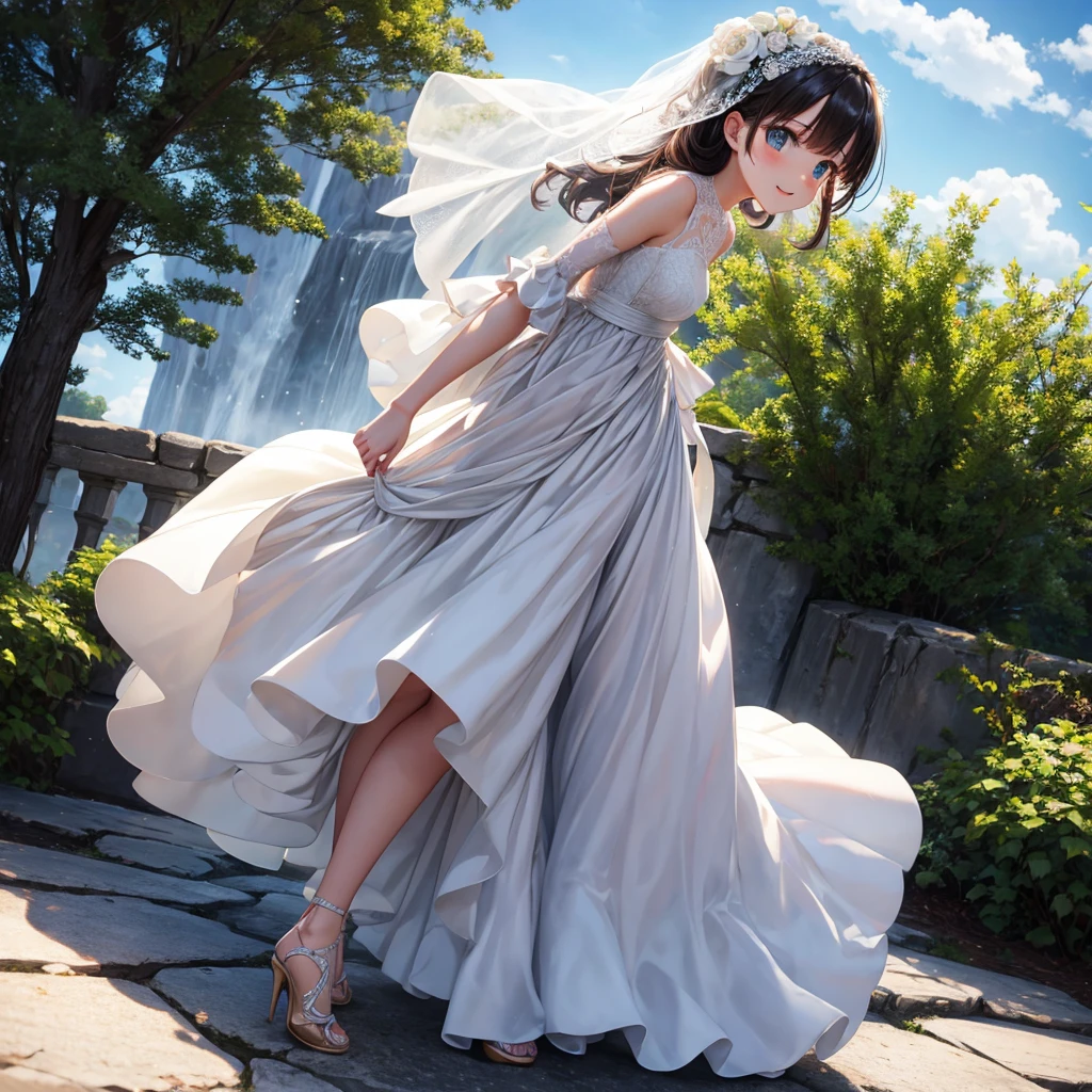 Bride, wedding dress, climbing, climbing up, long dress, windy