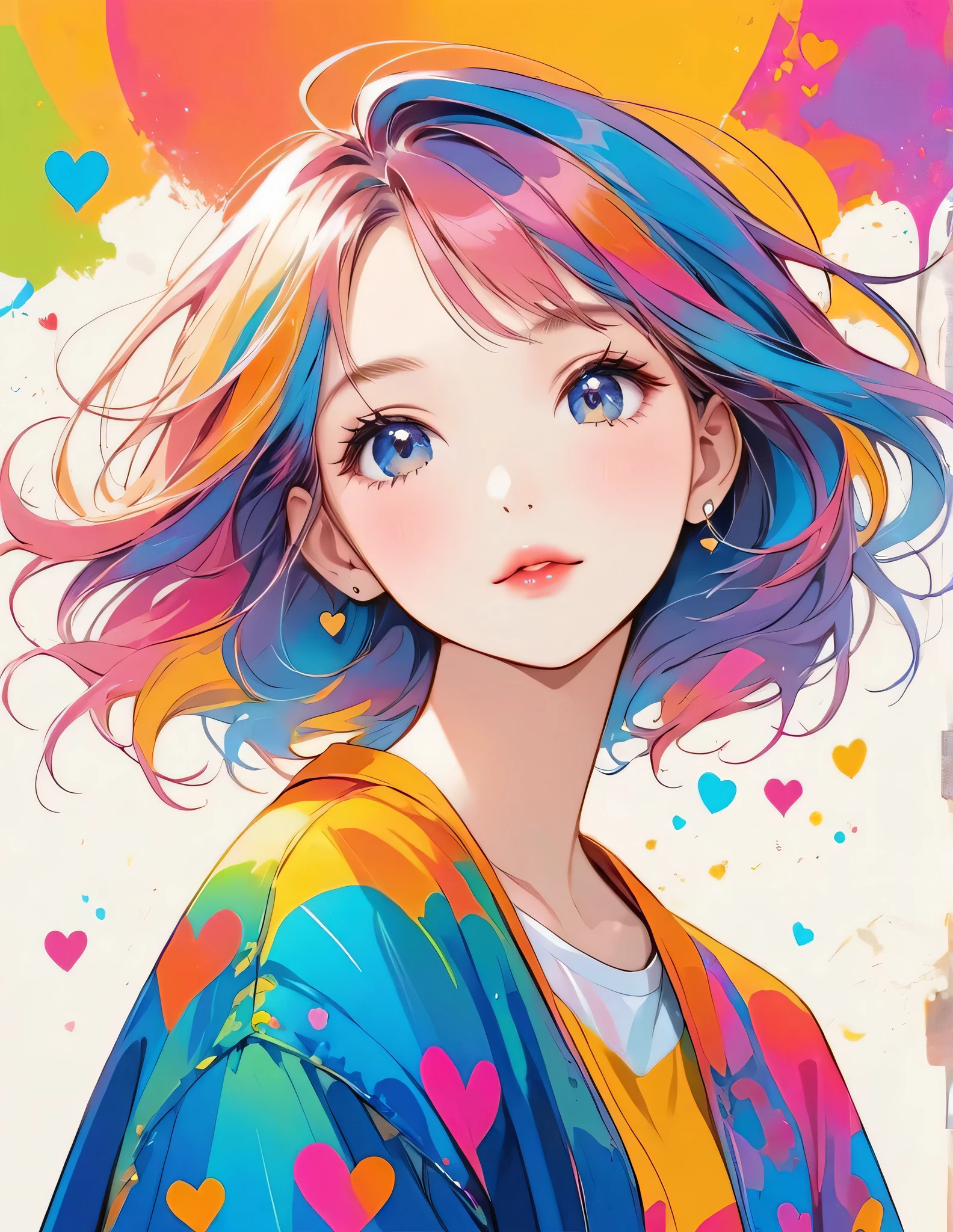 Micho colorful style, Simple Line Initialism，Abstract art，Urban Background, (((The most beautiful girl of all time))), Sweet face. Lips in love, colorful hearts, stylish design