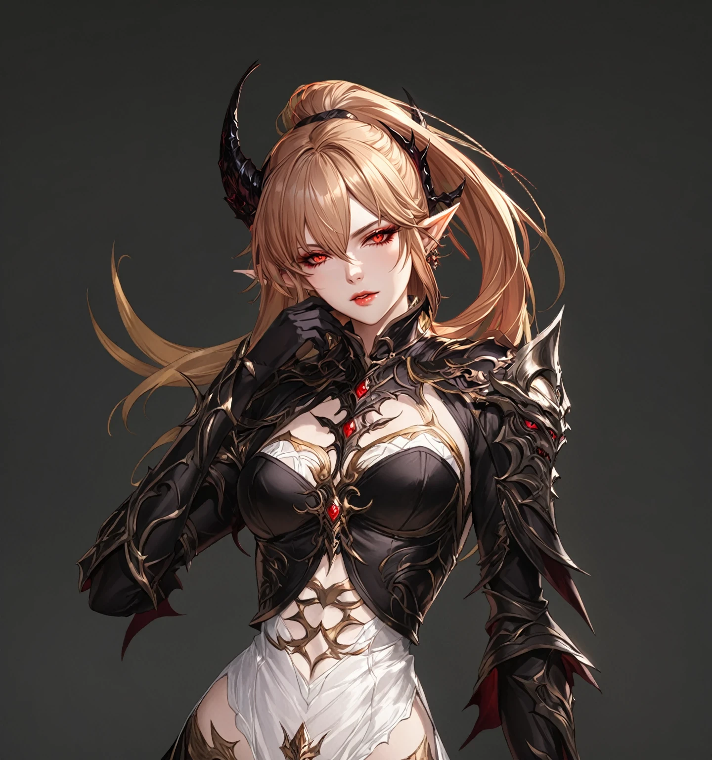 masterpiece, best quality, good quality, Highly detailed, shadowverse style, female, elf, golden hair, red eyes, demonic, adult, black eyeshadow