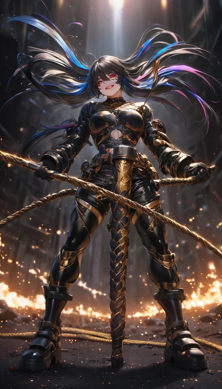 beautiful woman, yandere, hair over one eye, amorous and lewd face, sly, smirking, loud laughter, sadistic, dead eyes, bags under the eyes, makeup, covered in tattoos, shorts, heavy engineer boots, great proportion, gold thread, shiny black rubber, whip, background obscene space, shading effects, gradation magic effects, foggy filter effects, glitter effects, (ultra detailed, absolutely resolution, best quality:1.3), 2.5D, delicate and dynamic, artistic photography, hyper realistic, graphic CG digital art