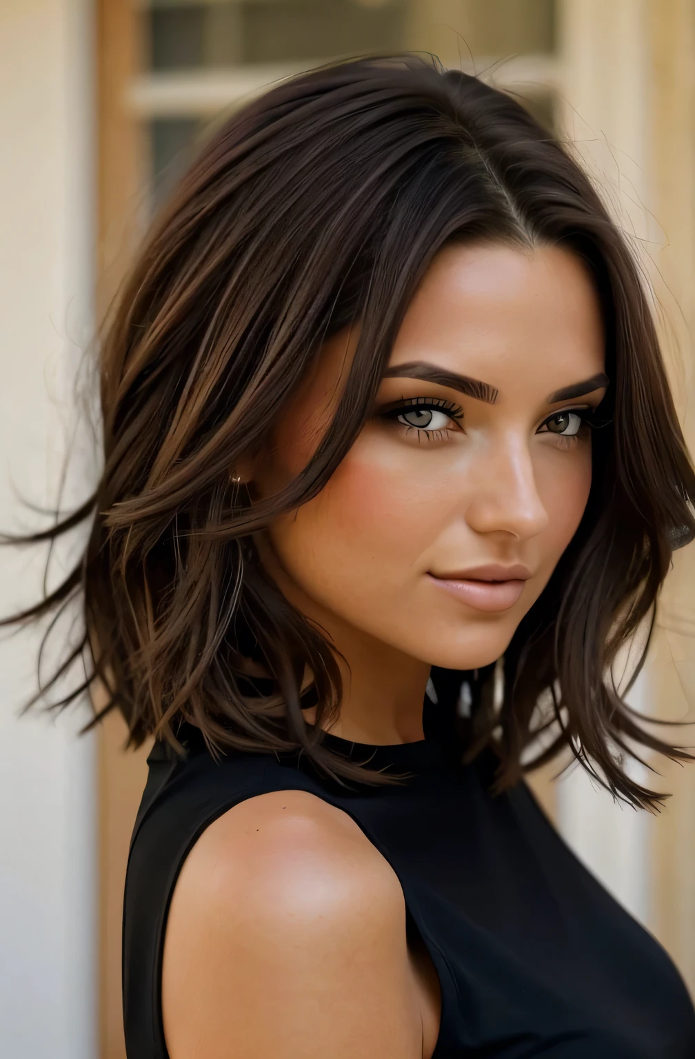 1 femme adulte, cheveux longs, cheveux bouclés, couleur de cheveux noirs, yeux marrons, sourir, végétation, Occasionnel, Vêtements de style femme d'affaires, blazer marron clair, réaliste, avec fond dans un restaurant chic, 8k super réaliste, super detalhado e réaliste