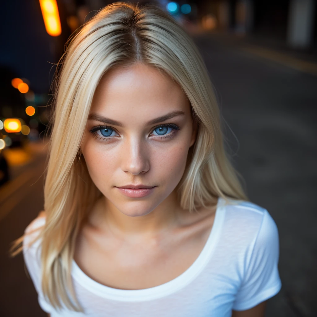 (autophoto, Top view: 1.4), (straight half of the body: 1.4), RAW uhd portrait photo of a 24 year old blonde (woman with light blue eyes) walking down a dark alley, big breasts,, city at evening, (White T-shirt skirt with round neck), (neckline), Details (Textures! , hair! , Brilliantine, Color!! , disadvantages: 1.1), bright eyes with lots of detail. (looking to the camera), reflex lighting, reflex camera, ultra quality, sharpness, depth of field, film grain (center), Fujifilm XT3, Clear as crystal, frame center, beautiful face, sharp focus, streetlight, neon lighting, bokeh (dimly lit), evening, (evening sky), detailed skin pores, oily skin, Tanned, complex eye Details, Whole body, big breasts