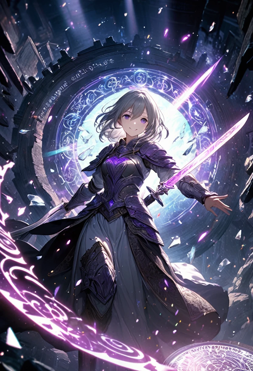 (masterpiece, Highest quality, Very detailed, Best Shadow), (Detailed Background,Dark fantasy), (Beautifully detailed face), High Contrast, (Best lighting, Very delicate and beautiful), ((Cinematic Light)), colorful, Hyper Detail, Dramatic Light, Intricate details, (One girl, alone,Gray Hair, Sharp Face,Purple eyes, Hair between the eyes,Dynamic Angle), Black light swirling around the character, Depth of written boundary,black light particles,(Broken glass),magic circle, goddess, Warrior, whole body, have a magical sword, woman, Happy, smile, Look ahead,