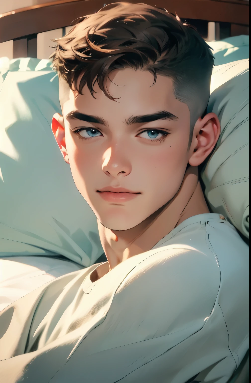 ((highest quality, masterpiece, 4k, finely detailed, detailed eyes, detailed face, intricate details)), ((solo)), male focus, 1boy, Manhwa oil painting realistic, digital art, male character, young, hair light brown, hair buzz cut, shaved scalp, cyan blue eyes, relaxed, round face, body muscular body, beach background, smiling, half-closed eyes, rosy cheeks, lying in bed, head on pillow, no shirt, 8k, ultra realistic 