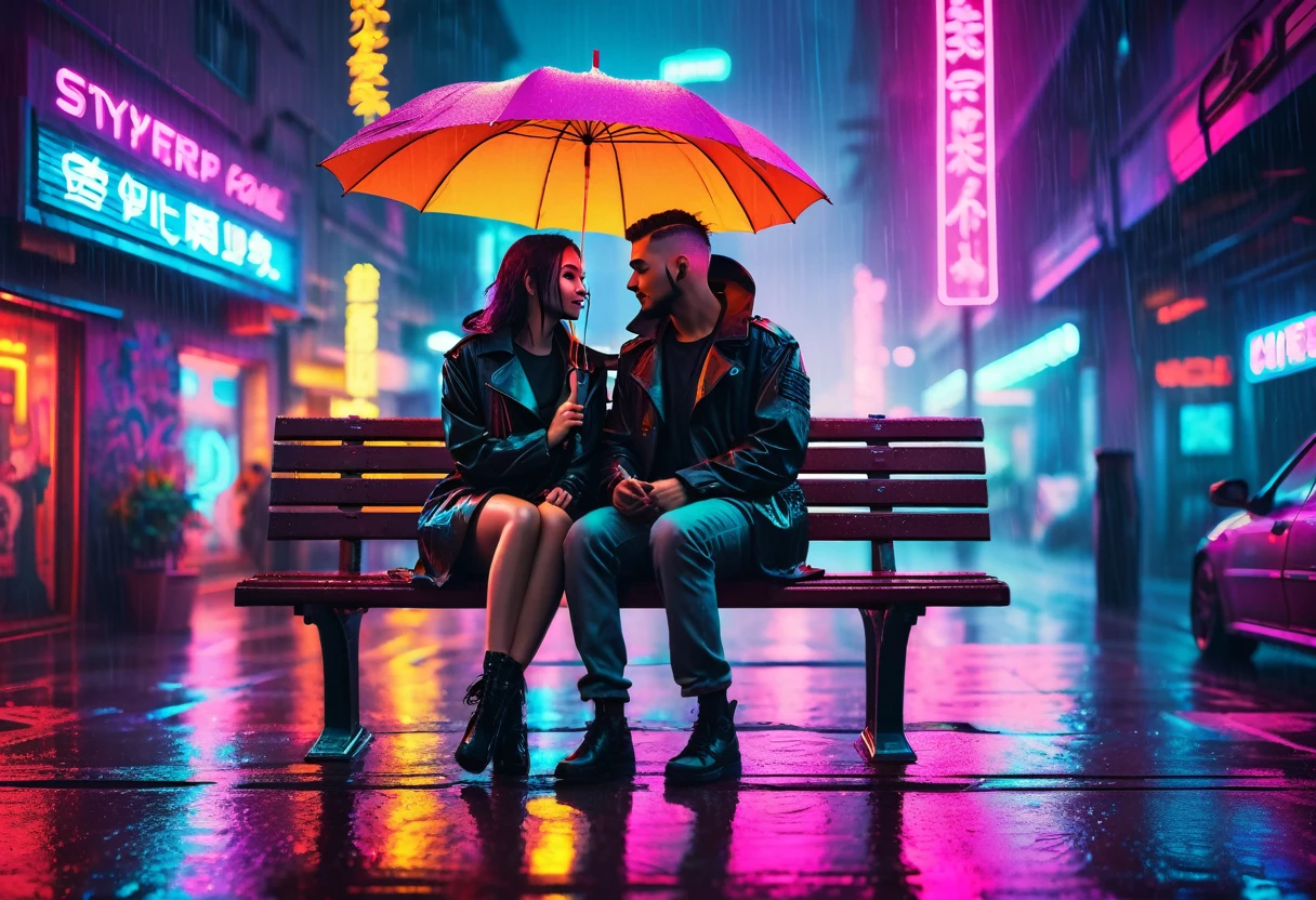 A couple sitting on a bench under a neon umbrella, (neon lights:1.3), (rain:1.2), (cyberpunk style:1.4), (vibrant colors:1.3), (romantic atmosphere:1.2). (masterpiece:1.5).