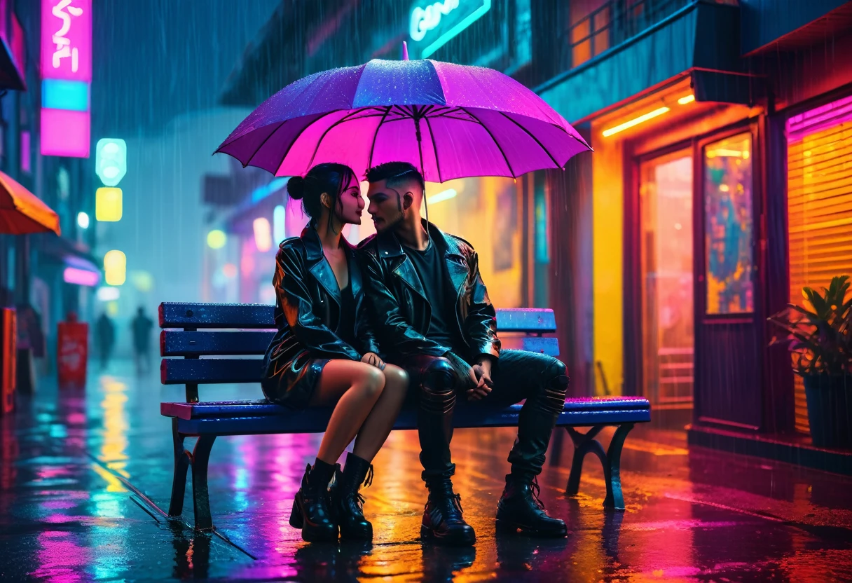 A couple sitting on a bench under a neon umbrella, (neon lights:1.3), (rain:1.2), (cyberpunk style:1.4), (vibrant colors:1.3), (romantic atmosphere:1.2). (masterpiece:1.5).