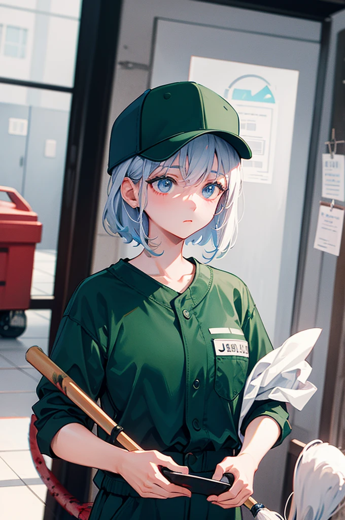 [[[[[1 female]]]]] Close up, only upper body visible, portrait, 1 female, janitor concept, janitor clothes, green clothes, jumpsuit, plain clothes, hat, wearing a baseball hat, looking bored, looking tired, blue eyes, Holding a mop on the floor, Blood on clothes, cleaning up a crime scene