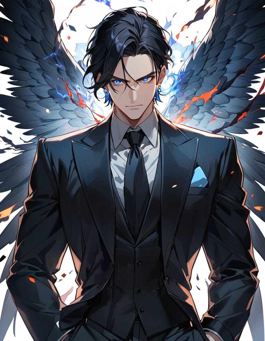 male, black hair, blue eyes, black wings, black tuxedo, blue earrings, intimidating aura, handsome