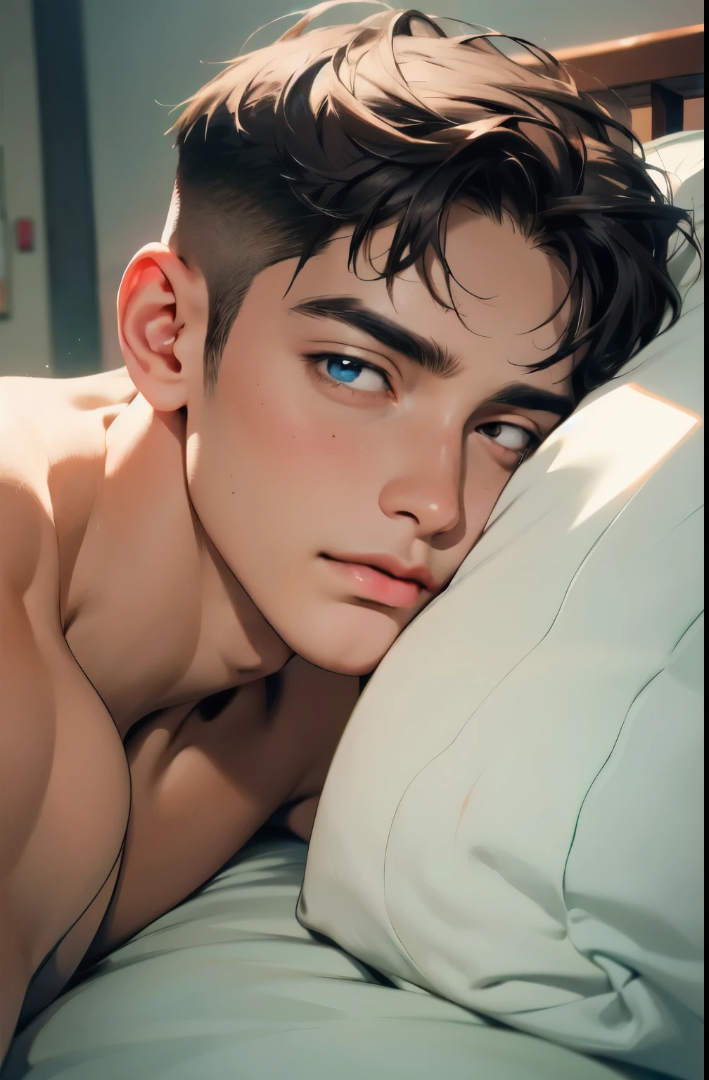 ((highest quality, masterpiece, 4k, finely detailed, detailed eyes, detailed face, intricate details)), ((solo)), male focus, 1boy, Manhwa oil painting realistic, digital art, male character, young, hair light brown, hair buzz cut, shaved scalp, cyan blue eyes, relaxed, round face, body muscular body, beach background, smiling, half-closed eyes, rosy cheeks, lying in bed, head on pillow, no shirt, 8k, ultra realistic 