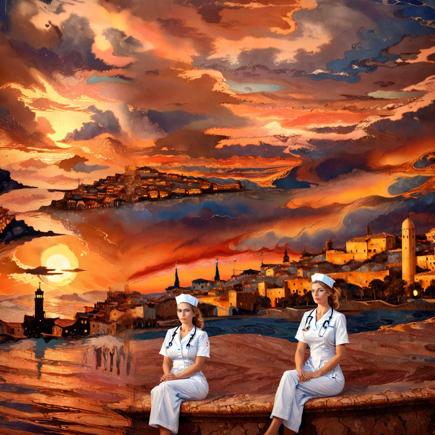 xlomrblng Surrealism, magnificent nurse xlmrblng15-1300 sitting in a Mediterranean city at night, sunset, very detailled, intrikate, (stormy:1.21), Warm Color Palette 