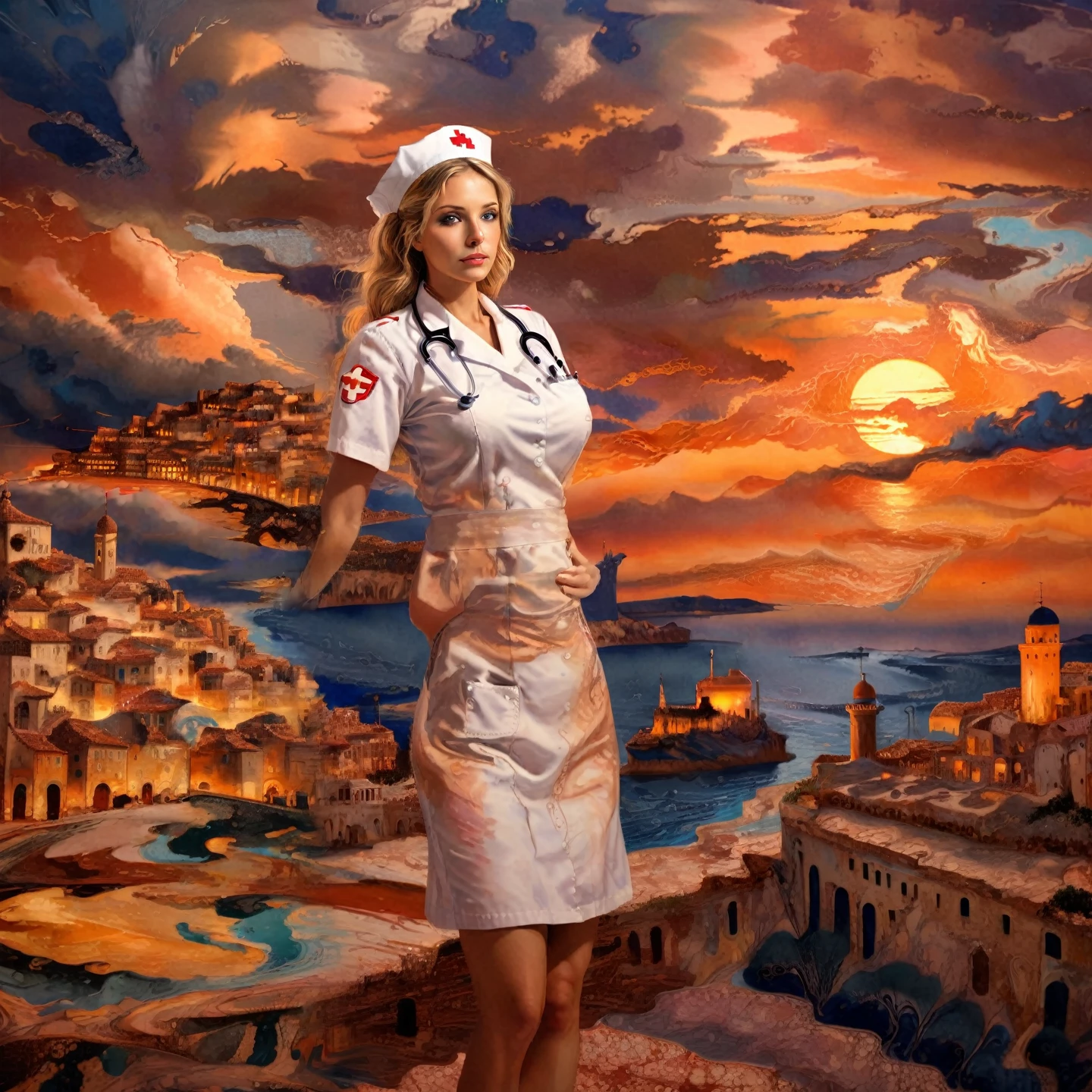 xlomrblng Surrealism, magnificent nurse xlmrblng15-1300 sitting in a Mediterranean city at night, sunset, very detailled, intrikate, (stormy:1.21), Warm Color Palette 