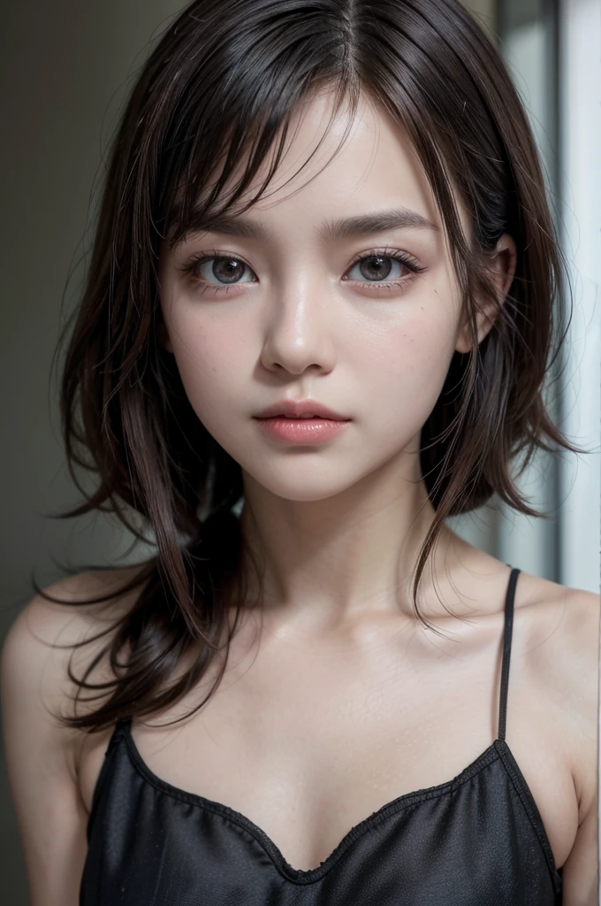 （Masterpiece、超high quality、１６ｋ、Hyper Detail、Intricate details、Realism、Photorealistic photography、Perfect Anatomy、Professional Lighting、Perfect proportions、Perfect Face、-yeld gicute、Super detailedな目、cute目、Well-formed face、Beautiful Hair）、（８ｋ、Raw photo、Best image quality、masterpiece：1.4）、（Realistic、Realistic：1.4）、bangs、（（Dark brown eyes：1.4、Round eyes））、(UHigh resolution, retina, masterpiece, Accurate, Anatomically correct, Textured skin, Super detailed, Attention to detail, high quality, 最high quality, High resolution, 1080P, High resolution, 4K, 8k, 16K), Beautiful lip detail, Physically Based Rendering, Vibrant colors,（（Hair-pulling pose：1.5））、Bright red lips、Black bangs short hair、Black sleeveless summer dress、（View from the front：1.5）、Alluring expression、Black long gloves