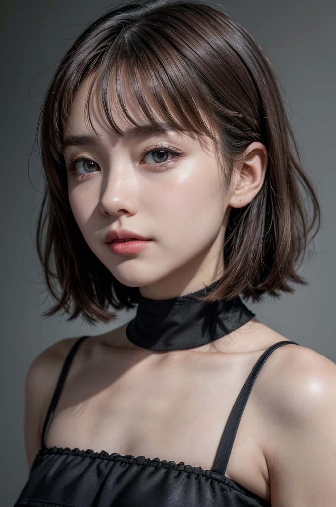 (Masterpiece、超high quality、16k、Hyper Detail、Intricate details、Realism、Photorealistic photography、Perfect Anatomy、Professional Lighting、Perfect proportions、Perfect Face、17-year-old girl、cute、Super detailedな目、cute目、Well-formed face、Beautiful Hair)、(8k、Raw photo、Best image quality、masterpiece:1.4)、(Realistic、Realistic:1.4)、bangs、((Dark brown eyes:1.4、Round eyes))、(UHigh resolution, retina, masterpiece, Accurate, Anatomically correct, Textured skin, Super detailed, Attention to detail, high quality, 最high quality, High resolution, 1080P, High resolution, 4K, 8k, 16K), Beautiful lip detail, Physically Based Rendering, Vibrant colors,((Hair-pulling pose:1.5))、Bright red lips、Black bangs short hair、Black sleeveless summer dress、(View from the front:1.5)、Alluring expression、Black long gloves