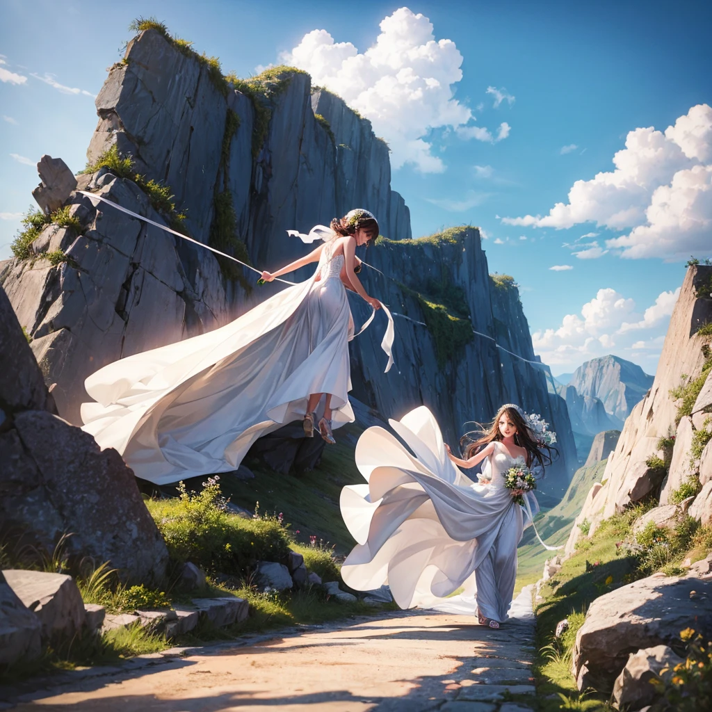 Bride, wedding dress, climbing, climbing up, long dress, windy