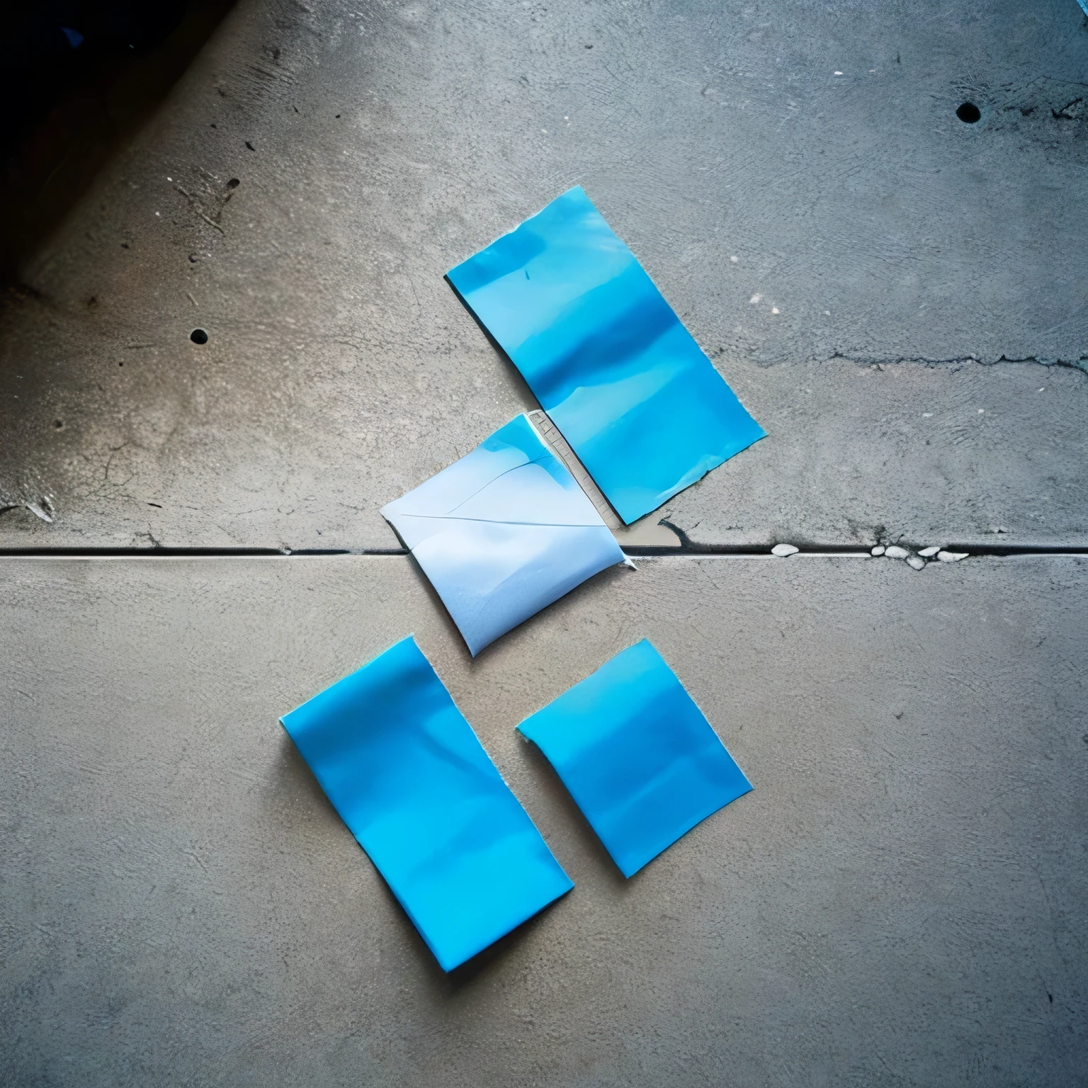 A piece of blue duct tape on the floor, Landscape, Camera angle from above, Wrinkled, White simple floor, high quality