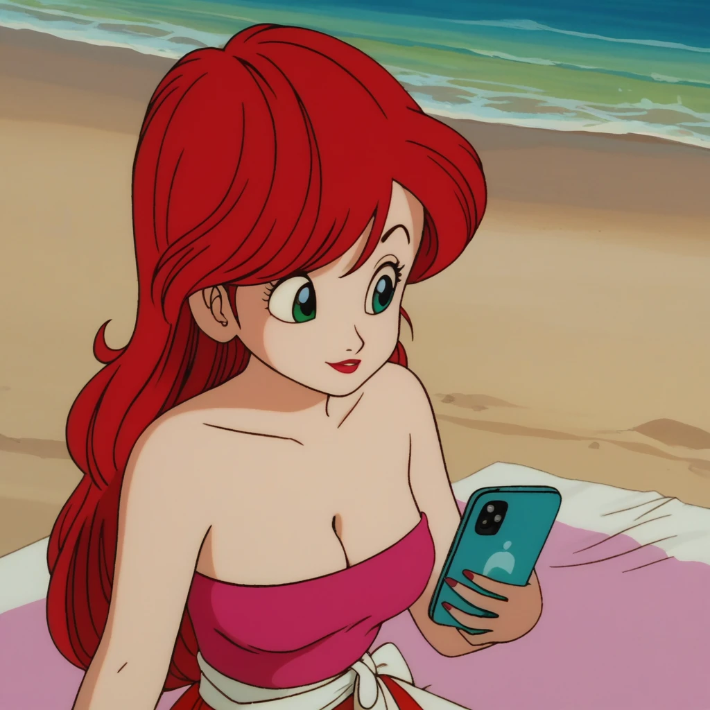 score_9_presence, score_8_up, Ariel, wrapped in towel, medium breasts, cleavage, holding phone