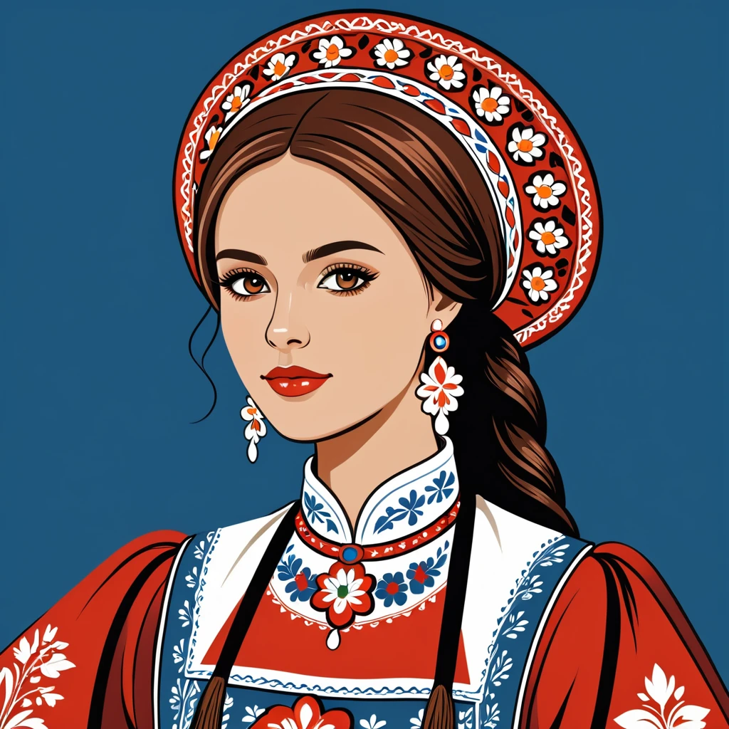 woman in czech folk outfit, vector graphics, strong contours, logo design
