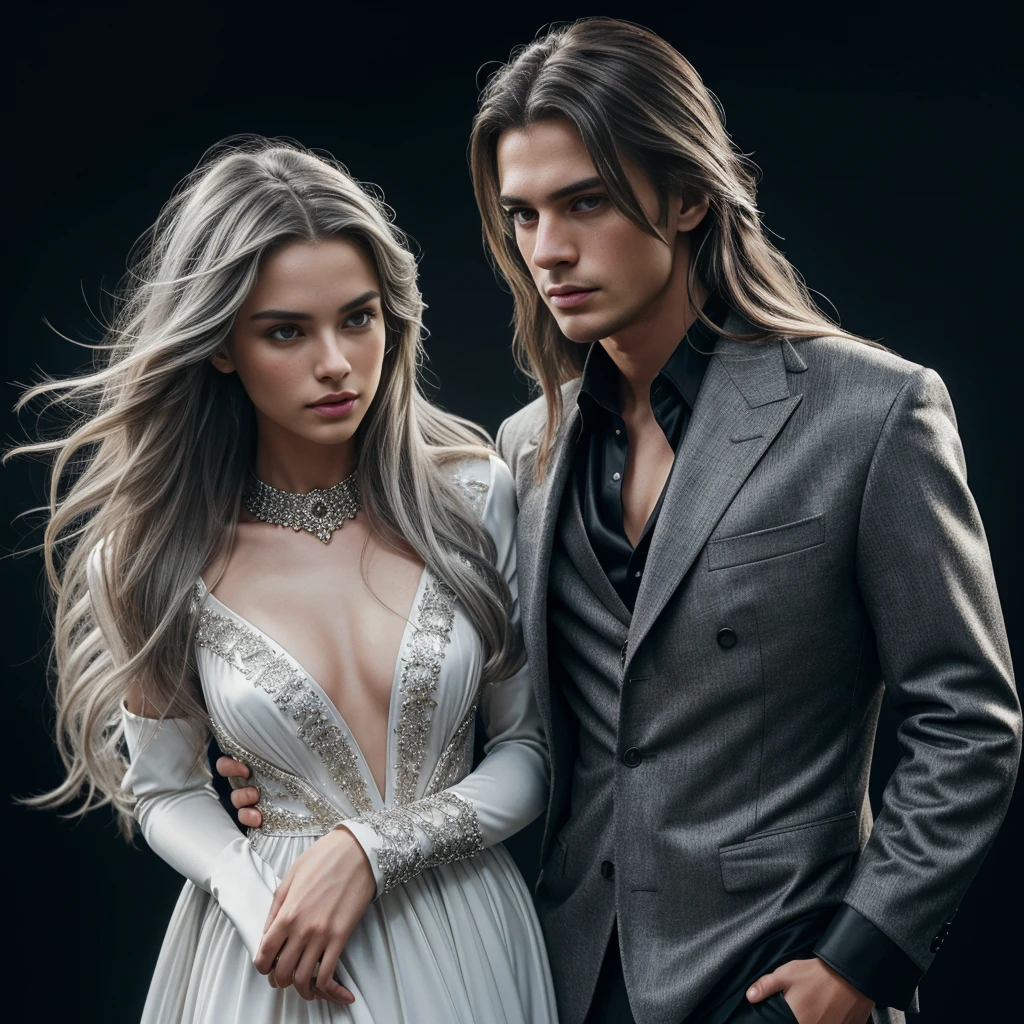 Masterpiece, Superb Fashion, (Fashion Costume), (Illustration), (2 People), Handsome Young Couple, (Russian Mill Style), Fashion, Silver Hair, (Long Hair), (Messy Hair), (White Skin), (Dark Circles), Handsome, Dance Steps, Trend, Dark Gray,, Close Up, (Grand Background), (Chiaroscuro)), Fine Face Details, Facial Details, Cinematic Lighting, (Depth of Field), UHD, (Upper Body), Black Background