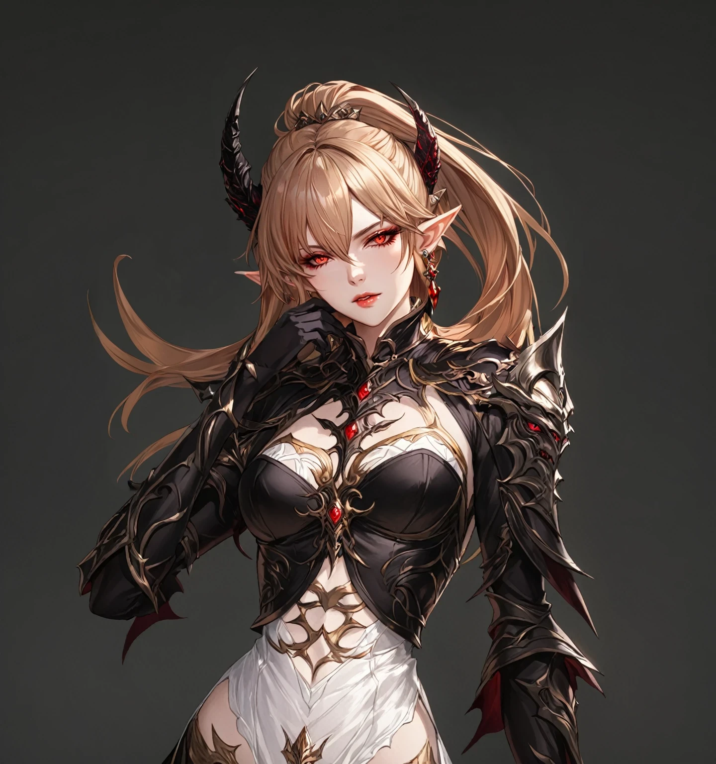 masterpiece, best quality, good quality, Highly detailed, shadowverse style, female, elf, red eyes, demonic, adult, black eyeshadow, earring