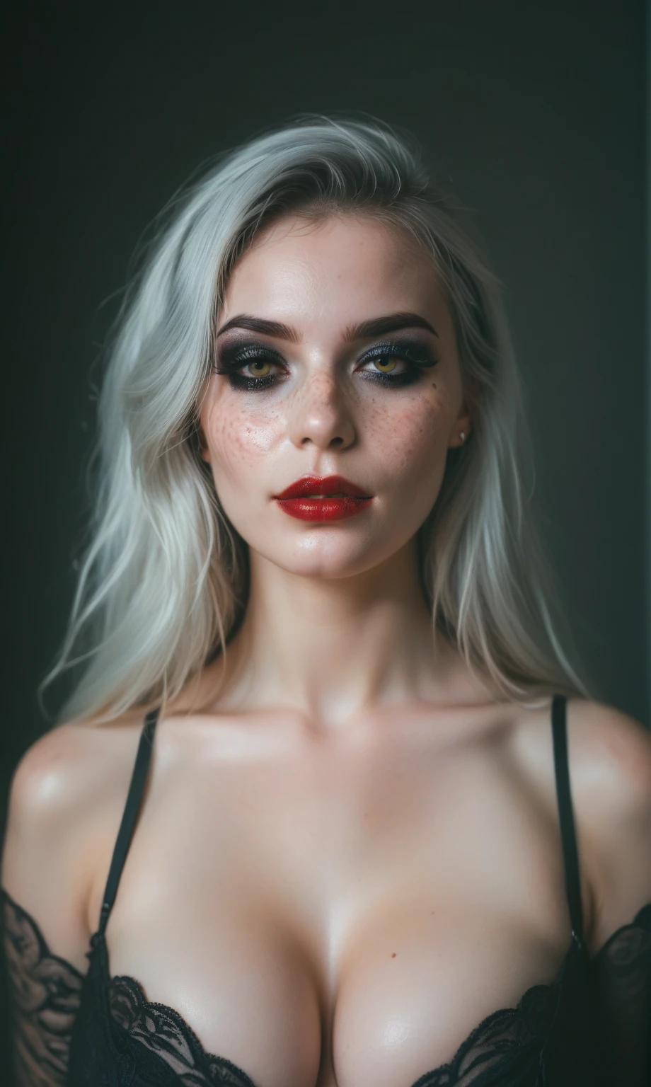 (best quality, hyperdetailed photography:1.2), beautiful lady, freckles, gothic dark makeup, soft light, massive perfect breast,head and breast portrait, cover, (detailed beautiful face, detail skin texture, ultra-detailed body:1.1) sexy vampire girl,