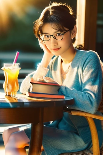 (8k, RAW photo, best quality, masterpiece), (photo realistic), outstanding details, ultra-high resolution, anatomically correct, textured skin, (Extremely precise and accurate anatomy),
Ultra Detailed Face, Detailed Eyes,
((full body:1.4)), ( wide angel:1.4),
A cute 35 year old Japanese girl,(Relaxing and reading a book in a comfortable chair at a stylish open-air cafe), (Iced tea and a few books on the table:1.4),
(looking at viewer:1.4),
(faint smile), (Mouth slightly open:0.1),
((low chignon hair:1.4)), (Small nose:1.2) , (small mouth:1.2),
(Ultra Detailed Rimless small glasses), pupils sparkling, thin lips, thin eyebrows,
dark brown hair, Forehead,
Earrings, Necklace,
morning sun, (backlighting),
reflection light from below,
atmospheric perspective, depth of field,
(dramatic lighting), cinematic lighting,
