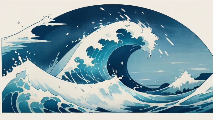 Wave design, Simple, pattern, Can draw, 美しいWave design, Japanese style、Ukiyo-e、No border、There is momentum、Monotonous colors、White background、Only waves、A ship is coming straight ahead、The wave breaks in the middle