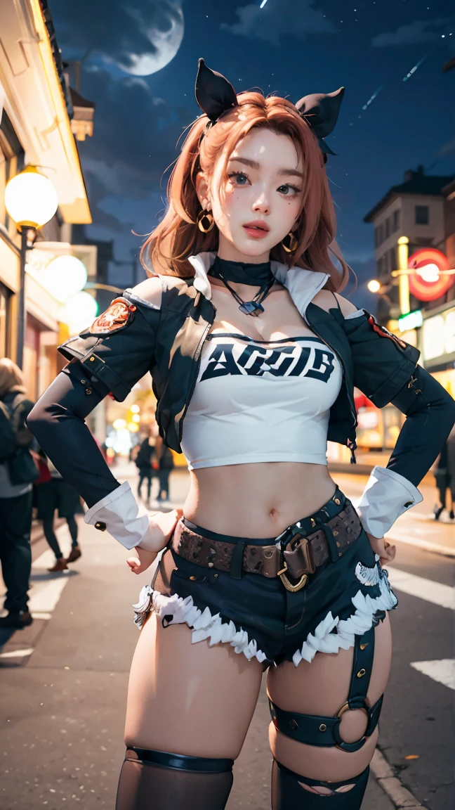 masterpiece, best quality, ultra-detailed, extremely detailed,illustration, 1girl, nicole demara, hair ribbon, hairclip, earrings, black collar, tube top, single thighhigh, short shorts, cropped jacket, belt, thigh strap, detached sleeves, doll, standing, hand on hip, cowboy shot, night street, moon 