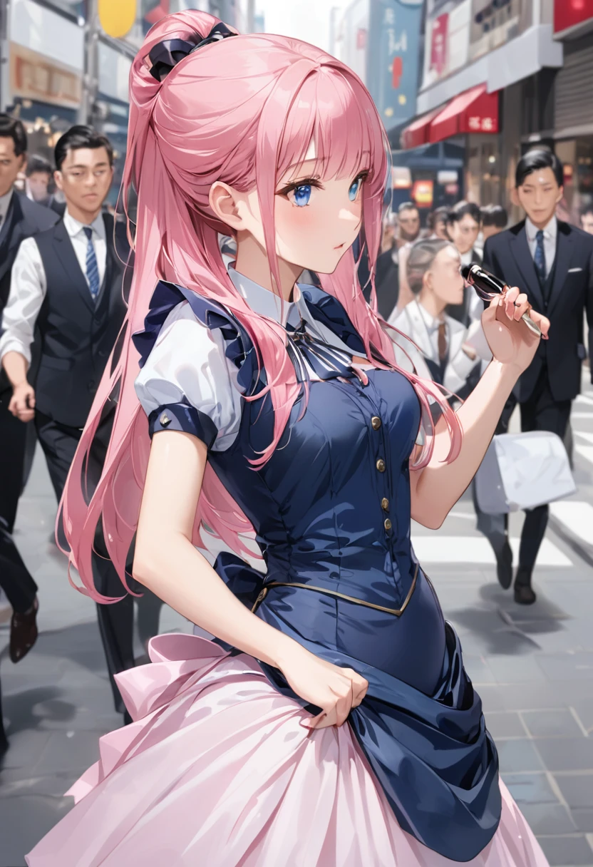 Bustle、The hustle and bustle、Girl with pink hair、blue eyes、Twin Drill、A scene from a movie