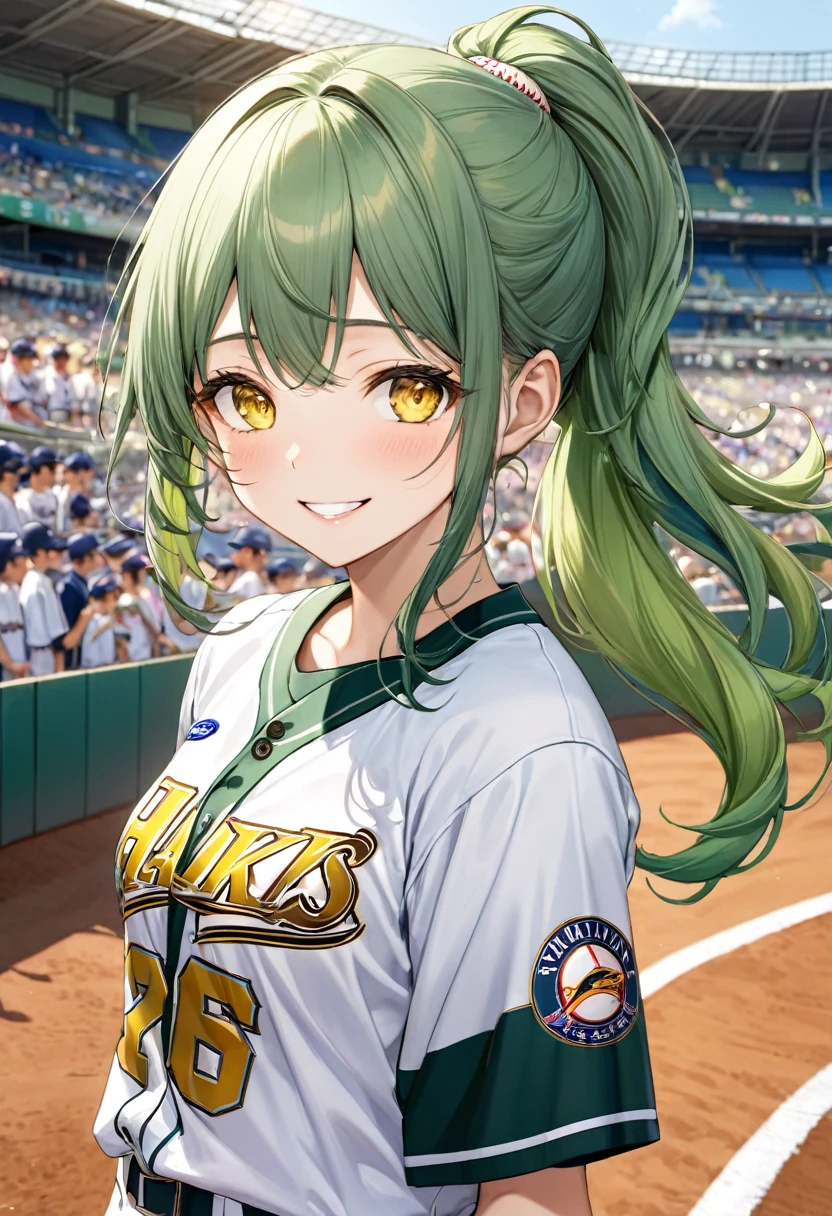  (Professional baseball style) (hand holding baseball), (15 yo, a beautiful ponytail green hair long hair) (beautiful Professional baseball pitcher girl) (detailed cute yellow eyes, grin smile), (in a Fukuoka SoftBank Hawks uniform), break, in the Pitcher's Mound of Fukuoka Dome Stadium, background Large crowd, BREAK, perfect anatomy, masterpiece, best quality, 16k, beautiful detailed grow, daydreaming expression.