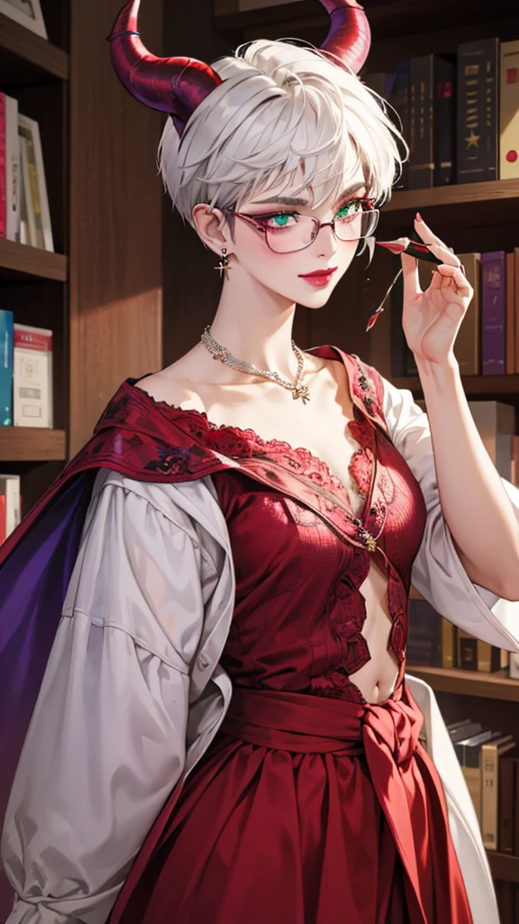 8k, masterpiece, best quality, highly detailed, 1 girl, tiefling, warlock, pixie cut, multicolored hair, very short straight hair green highlight hair on white hair, strippled hair, wearing glasses, round glasses, earrings, navel piercing, red eyeshadow, long eyelashes, blushed cheek, red lips, necklace, rings, collarbone, mole on face, glamorous, red and purple clothes, smirk, close up view, rings, looking at viewer, demon horns, solo, blue pale moon, standing, royal dress, devil books.