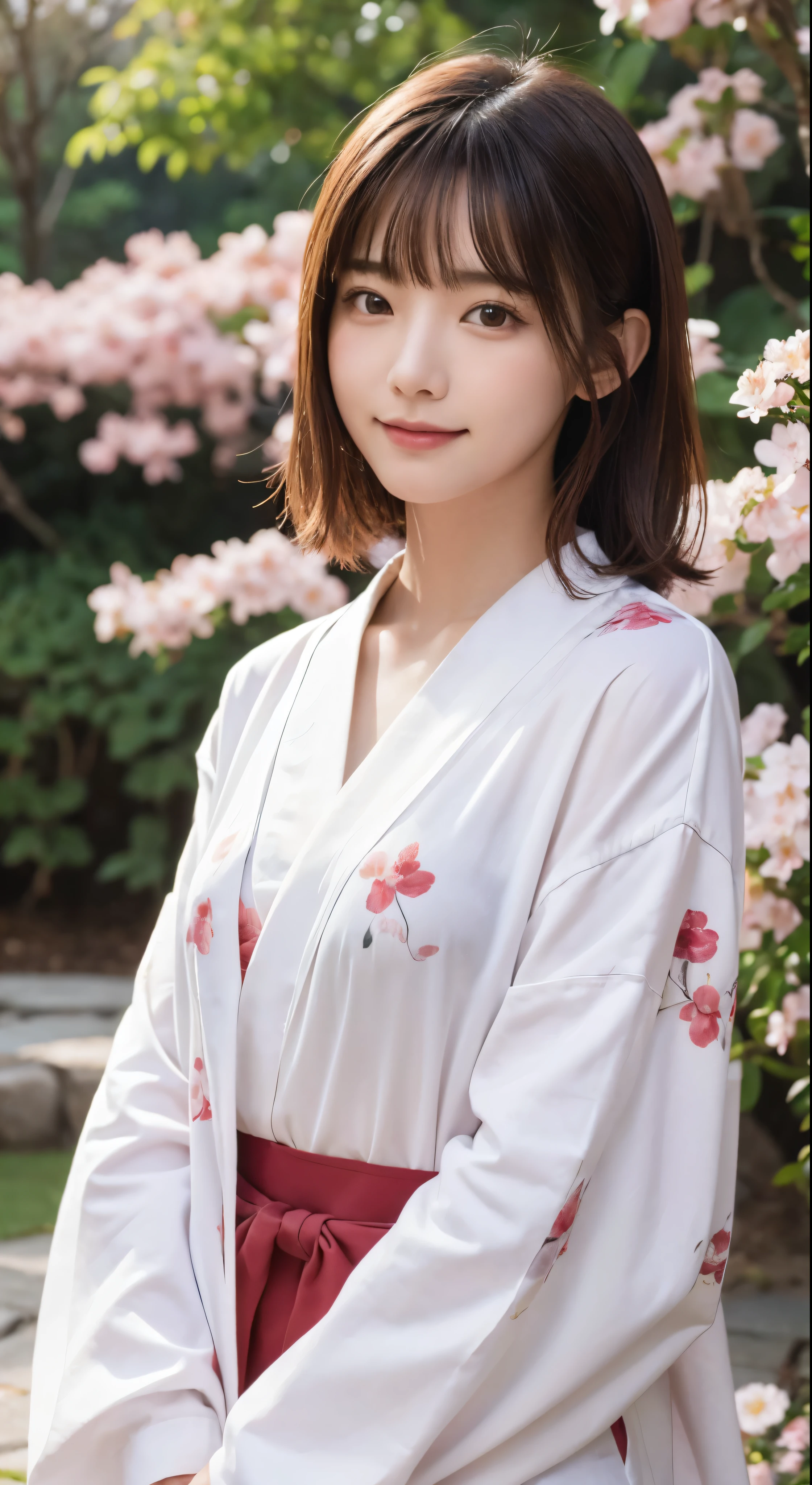 ((Highest quality))、((masterpiece))、((Real))、A girl of perfect beauty stands in a tranquil Japanese garden with cherry blossoms blooming at eye level、Facial details，Wearing a red floral kimono，Beautiful scenery、Masterpiece、(high resolution)、original、Highly detailed 8K、(Photorealistic:1.4)、Perfect Face、Perfect Eyes、Symmetrical body type、smile、