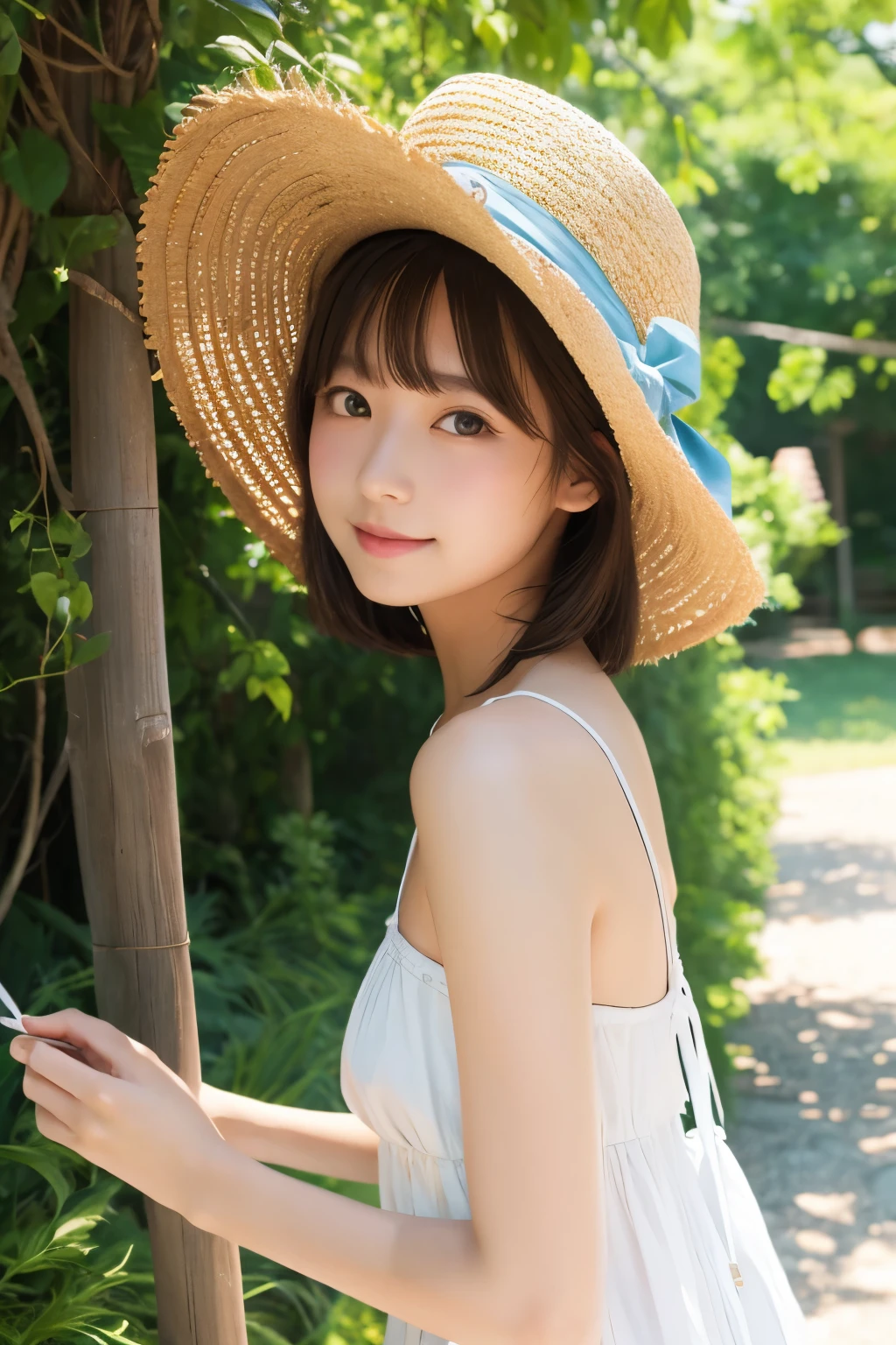 Ghibli style、Straw hat、Breeze、summer、White dress、high resolution、Highest quality、masterpiece