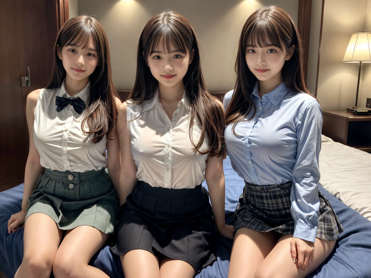 masterpiece, Highest quality, figure, Very detailed, The finer details, High resolution, 8k,wallpaper, Perfect dynamic composition,(Detailed high quality, Realistic depiction of eyes:1.3), (Three Girls), A white, sleeveless, see-through, tight shirt with buttons on the collar and chest., Grey tight skirt, Seraphim, Sitting, Leg spread, Short Bob Hair, In the background a hotel room, Deep in the field, Large Breasts, Black hair color, Big Natural Color Lip, (Perfect figure), smile、Harajuku Style、 in Japan:1.3), Adorable expression、Expressions of happiness、10 years old、height: 1ce、Amazingly cute、Cute typel feet, Idol Sculpture、(Big Breasts)、(Erect nipples:1.1)