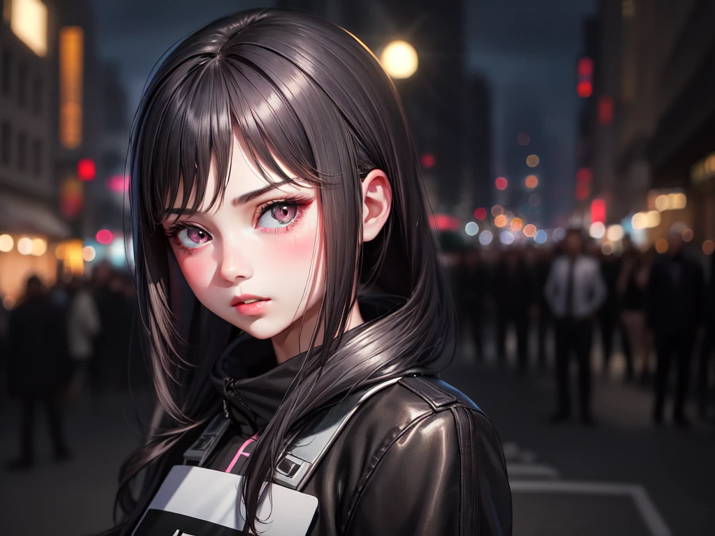 realistic, 1girl, beauiful girl, super model, medium long shot, black hair, black eyes, glowing eyes, fashion top, fashion short, parted lips, blush, night, street light, night, getting drunk, crowded people on street, face focused,