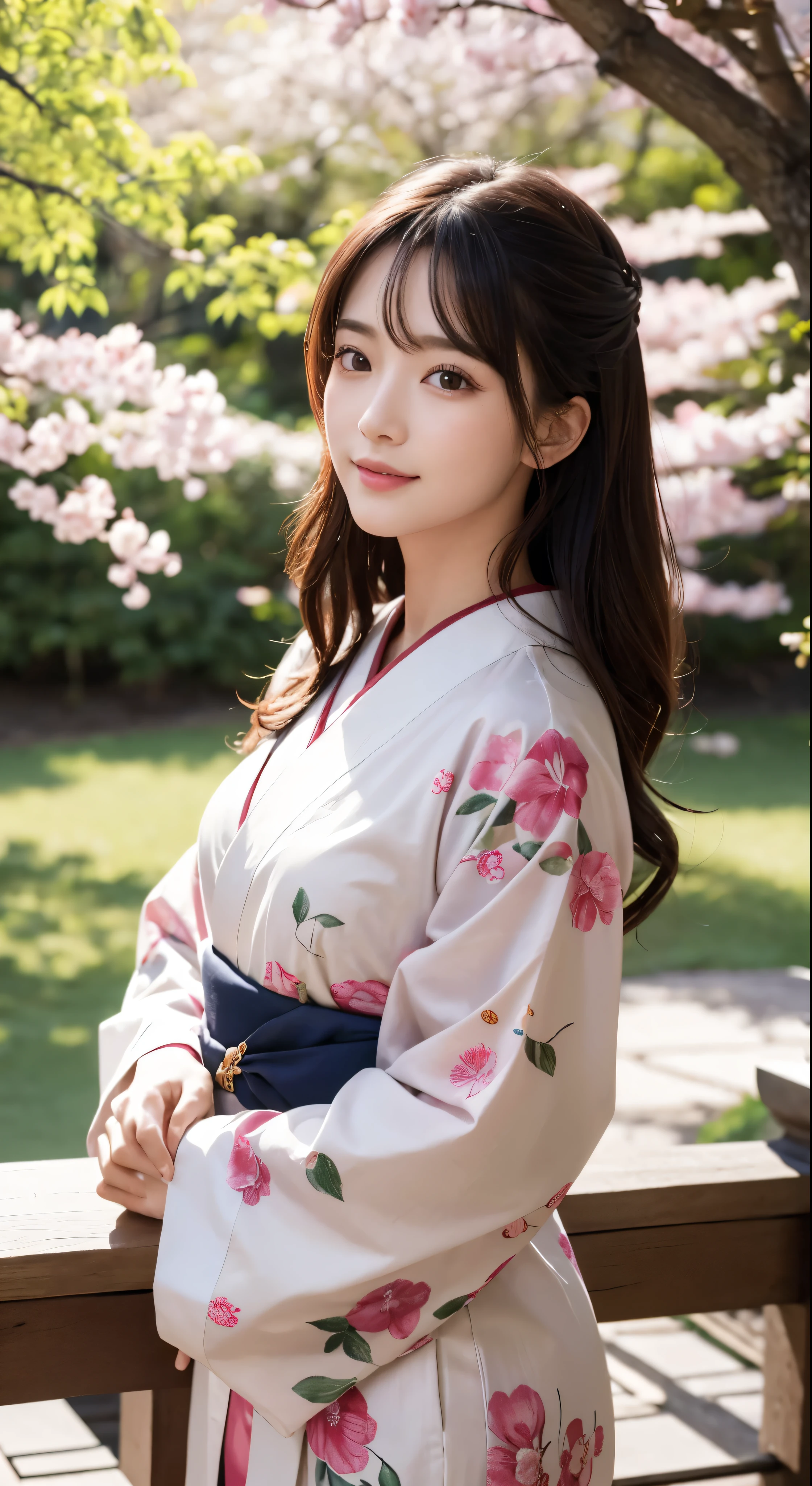 ((Highest quality))、((masterpiece))、((Real))、A girl of perfect beauty stands in a tranquil Japanese garden with cherry blossoms blooming at eye level、Facial details，Wearing a red floral kimono，Beautiful scenery、Masterpiece、(high resolution)、original、Highly detailed 8K、(Photorealistic:1.4)、Perfect Face、Perfect Eyes、Symmetrical body type、smile、