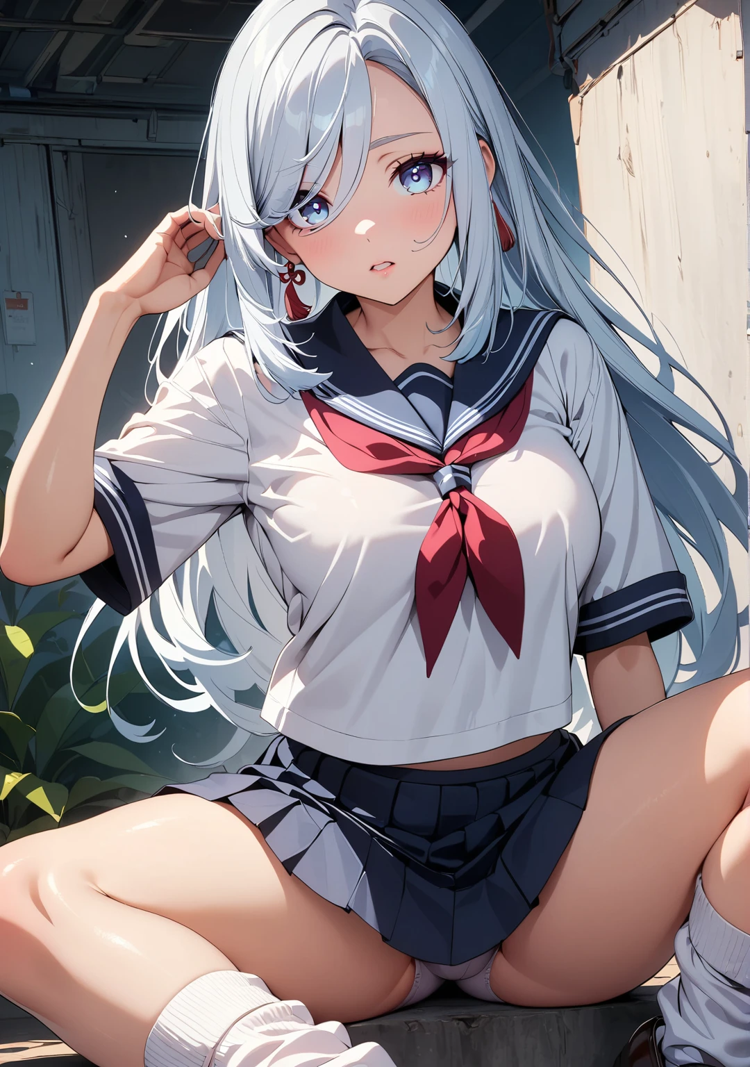 (highest quality:1.2, 4K, 8k, Studio Anime, Very detailed, Latest, Vibrant, High detail, High Contrast, masterpiece:1.2, highest quality, Best aesthetics), (((1 girl))), Shenhe , Genshin impact, white hair , long hair, silver eyes, original hair style, Sit and pose, jk, Sailor suit, Pleated skirt, loose socks, loafers, Please open your mouth a little:1.2, Dynamic Angle, look up:1.3, Friendly atmosphere, Beautiful Hair, Shiny Hair, Beautiful Skin, detailed face and eyes, Glossy lips, female curvy beauty, Striking contrast,