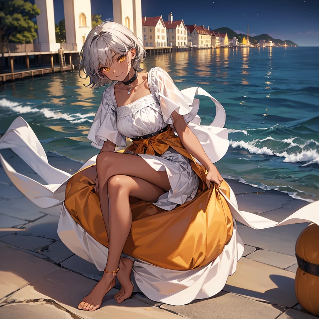 masterpiece, Highest quality, Perfect Face, Highest Resolution, Highest quality,Detailed depiction of the eyes, 8k, 1 girl, young, dark tan skin, slate gray hair, short hair, upturned eyes, Yellow Orange eyes, ribbon choker, Seaside house, relax and enjoy, little smile, night, Perfect Anatomy, Full body angle shot