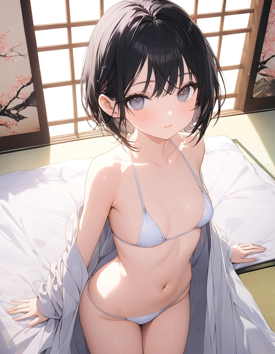 高いquality illustration, masterpiece, Very delicate and beautiful,Slender body,slim,Beautiful Eyes,(masterpiece, Highest quality:1.2), High resolution, Very detailed CG ユニティ 8k 壁紙, Perfect lighting, colorful, 超High resolution,4K,Very detailed, photograph, 8k, High resolutionolution、Drawn from the front、Very young girl、White Micro Bikini、Muscular、Sportsman、Black Hair、Short Hair、((navel))、Thigh、Japanese-style room、futon、tatami、Shoji screen、male enhancement、male enhancementに囲まれている、Male group