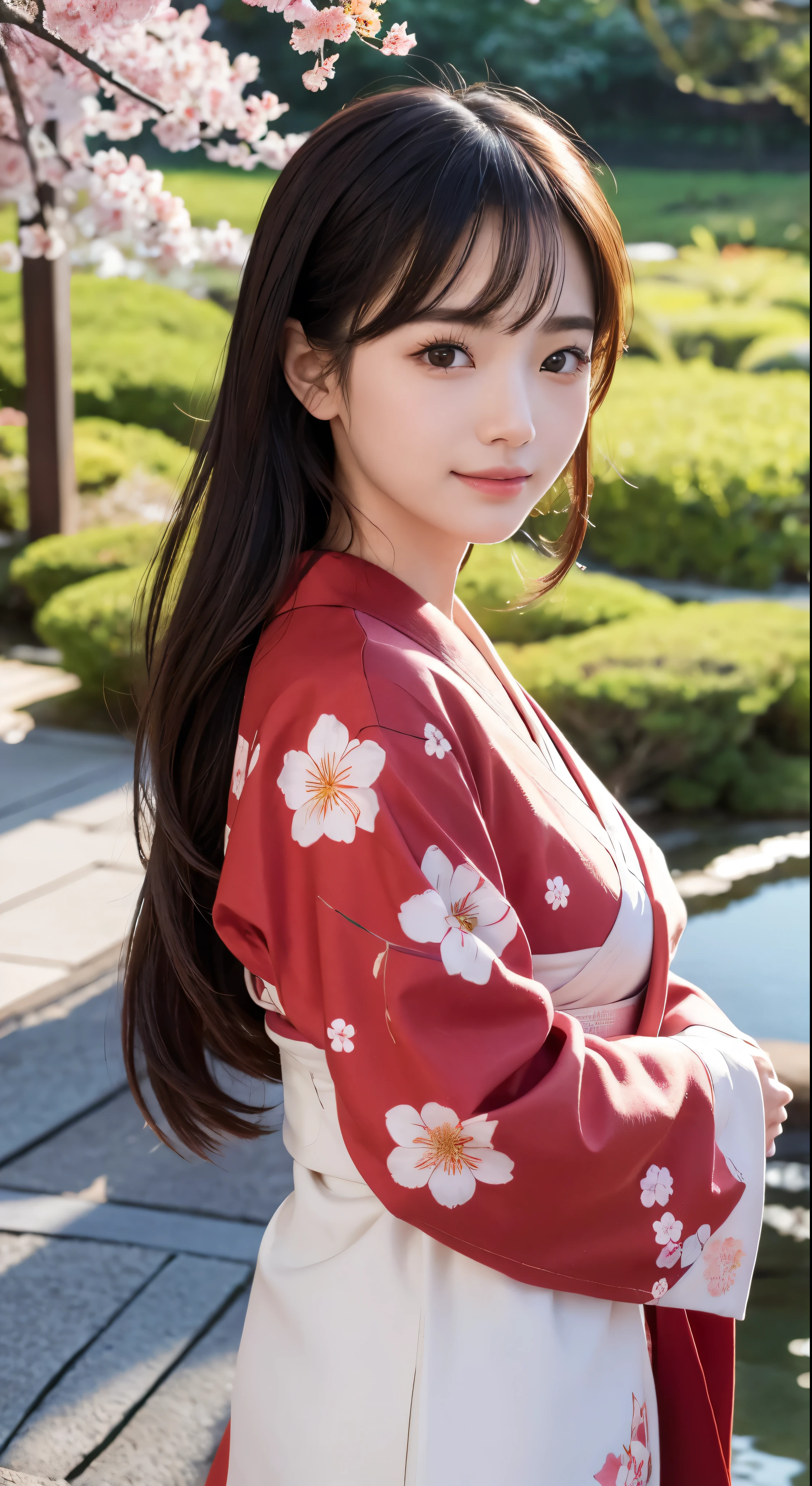 ((Highest quality))、((masterpiece))、((Real))、A girl of perfect beauty stands in a tranquil Japanese garden with cherry blossoms blooming at eye level、Facial details，Wearing a red floral kimono，Beautiful scenery、Masterpiece、(high resolution)、original、Highly detailed 8K、(Photorealistic:1.4)、Perfect Face、Perfect Eyes、Symmetrical body type、smile、
