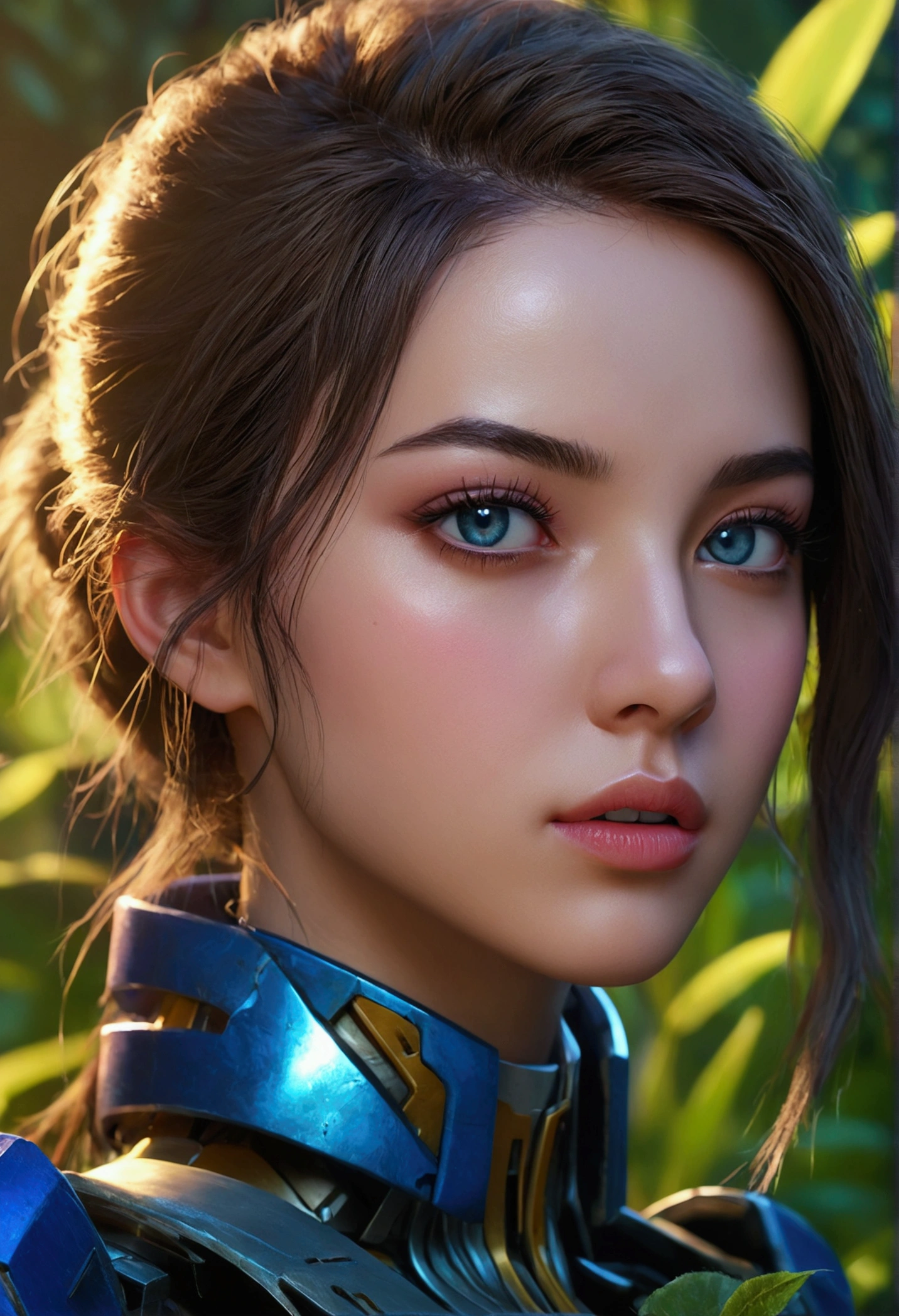 girl in a garden, 1girl, beautiful detailed eyes, beautiful detailed lips, extremely detailed eyes and face, long eyelashes, magical fantasy, highly detailed, digital painting, concept art, hyperrealistic, unreal engine, 8k, super detailed, volumetric lighting, dramatic lighting, cinematic lighting, vibrant colors, warm tones, glowing neon cyberpunk aesthetic, futuristic mecha, transformers, anime style, masterpiece, best quality
