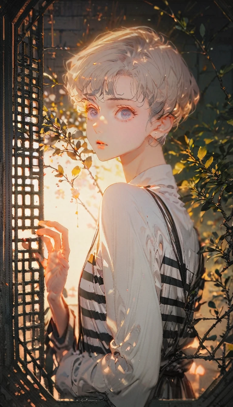 (8K, RAW photos, best quality, masterpiece: 1.4), (((Boy looking at his palm)))，Ultra-high resolution, Extremely detailed, light, Upper body close-up, handsome boy, black eyes, (delicate eyes, Eyes are bright:1.2), Gray short hair, Fair skin,dark, Black and white striped prison uniform,Black and white striped prison pants,(perfect anatomy:1.2), High-quality shadows, Natural Lighting, (White highlights:1.2), night, cloudy day, (Dark room:1.2), (The prison is surrounded by steel walls.:1.2)