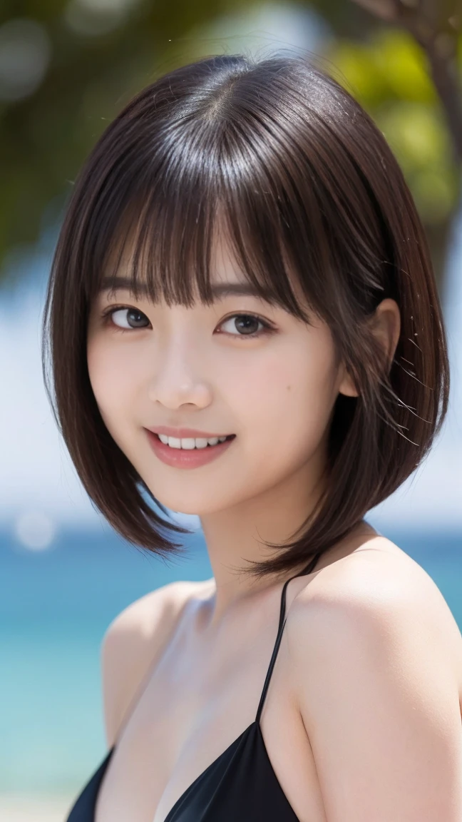 ((Standing on a hill overlooking the sea)),（masterpiece）、(Highest quality:1.5)、(Photorealistic:1.2)、(Surreal), (High resolution), (Realistic), (Post-processing),(Sharp focus), Sharp focus:1.2,Backlight, (Improvement of quality:1.4), (Narrow waist)、((Perfectly detailed five-fingered hands)),（Anatomically correct body）、((1 female:1.4))、Japanese、Realistic Skin、（Small chest：1.4）、Bust size is A cup、A pretty woman with a slender figure:1.4,(from the front:1.5), (Enhances the beauty of skin texture:1.1),No makeup、美しいBlack Hair、smile、Natural color lip、(Small Mouth:1.4)、The mouth is not open、Thick lips、(Oval Face)、Even bangs、Hide eyebrows with bangs、((33-year-old woman))、Bob Hair、Hair blowing in the wind, (Black Hair, Iris, Watery eyes, Shining Eyes, Bob cut hair,), Hair behind the ear、No makeup、(Drooping eyes)、(((One lovely woman)),((優しい大きなsmile)),(( Small breasts,Small breastsの谷間)),((((Plump Cheeks)))),very cute,(Baby Face),Raccoon face,erotic、Colorful color micro bikini、