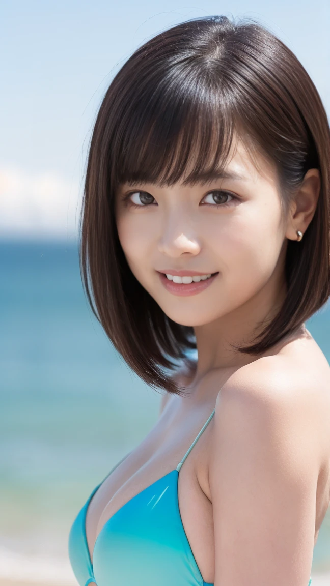 ((Standing on a hill overlooking the sea)),（masterpiece）、(Highest quality:1.5)、(Photorealistic:1.2)、(Surreal), (High resolution), (Realistic), (Post-processing),(Sharp focus), Sharp focus:1.2,Backlight, (Improvement of quality:1.4), (Narrow waist)、((Perfectly detailed five-fingered hands)),（Anatomically correct body）、((1 female:1.4))、Japanese、Realistic Skin、（Small chest：1.4）、Bust size is A cup、A pretty woman with a slender figure:1.4,(from the front:1.5), (Enhances the beauty of skin texture:1.1),No makeup、美しいBlack Hair、smile、Natural color lip、(Small Mouth:1.4)、The mouth is not open、Thick lips、(Oval Face)、Even bangs、Hide eyebrows with bangs、((33-year-old woman))、Bob Hair、Hair blowing in the wind, (Black Hair, Iris, Watery eyes, Shining Eyes, Bob cut hair,), Hair behind the ear、No makeup、(Drooping eyes)、(((One lovely woman)),((優しい大きなsmile)),(( Small breasts,Small breastsの谷間)),((((Plump Cheeks)))),very cute,(Baby Face),Raccoon face,erotic、Colorful color micro bikini、
