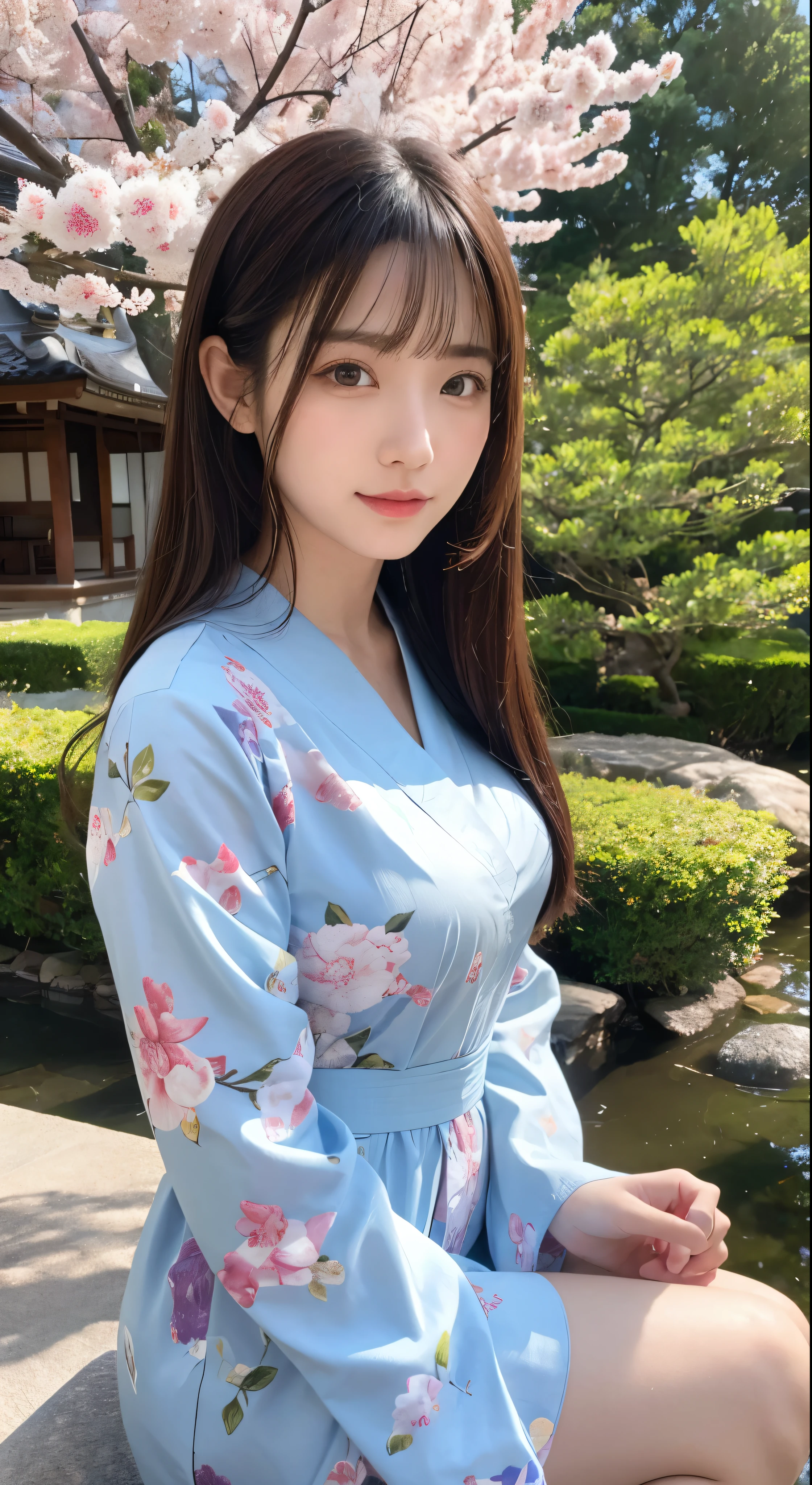 ((Highest quality))、((masterpiece))、((Real))、A girl of perfect beauty stands in a tranquil Japanese garden with cherry blossoms blooming at eye level、Facial details，Wearing a navy blue floral kimono，Beautiful scenery、Masterpiece、(high resolution)、original、Highly detailed 8K、(Photorealistic:1.4)、Perfect Face、Perfect Eyes、Symmetrical body type、smile、