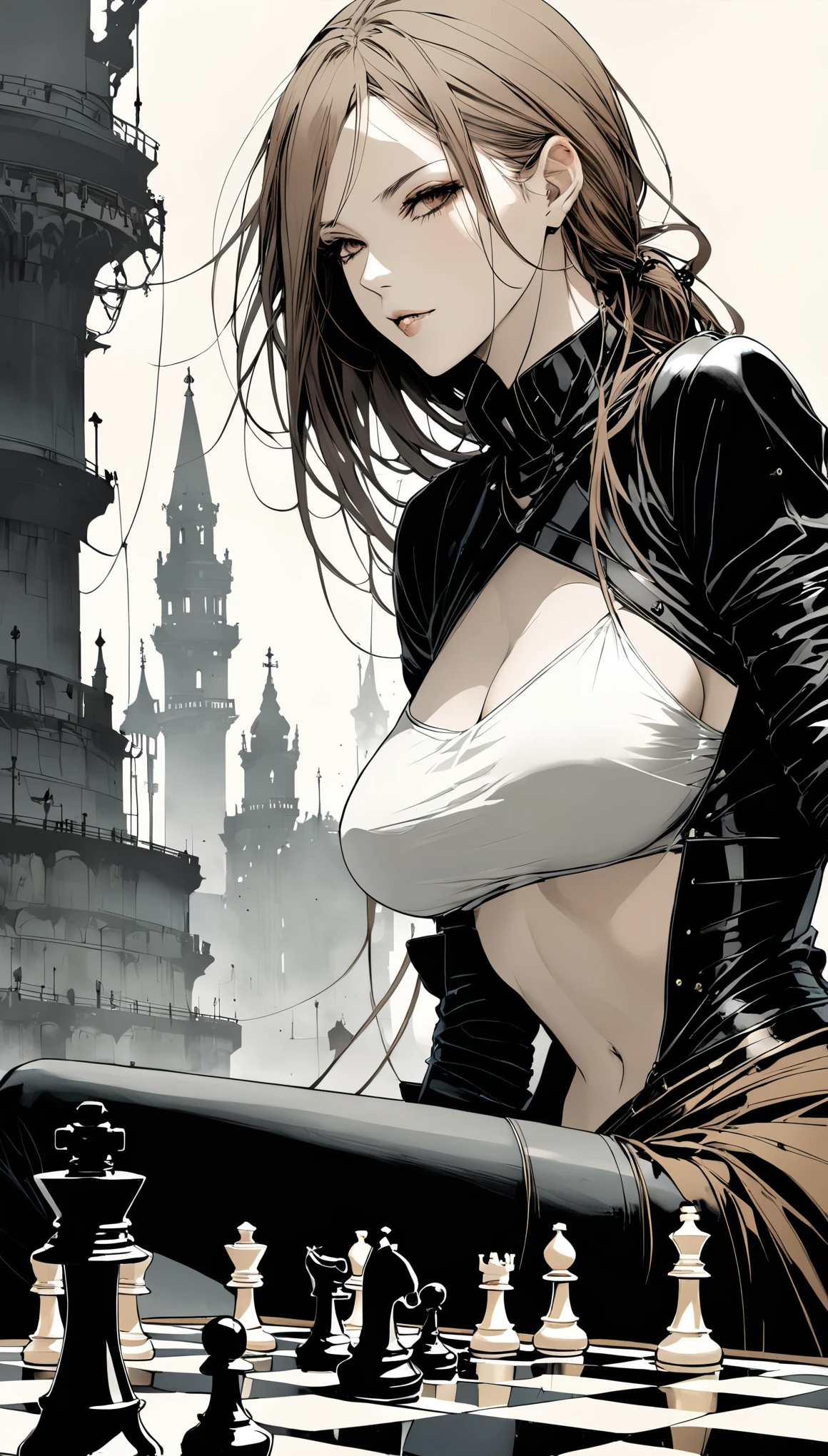 style of santiago caruso, Ashley Wood (Ashley Wood) style of, Giant Widowmaker,Central Composition,close up, Queen \(chess\),Graphic novel illustration