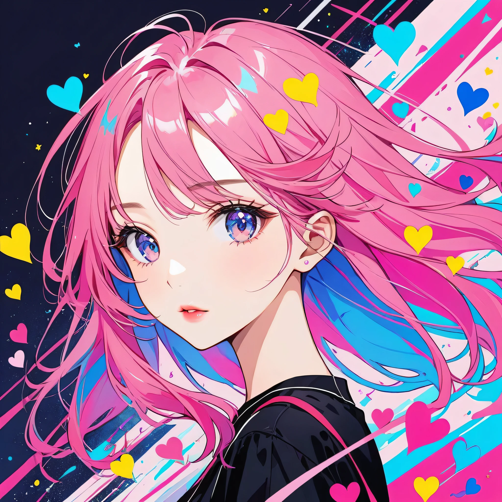 Black Star Pink and White style, Simple Line Initialism，Abstract art，Urban Background, (((The most beautiful girl of all time))), Sweet face. Lips in love, colorful hearts, stylish design