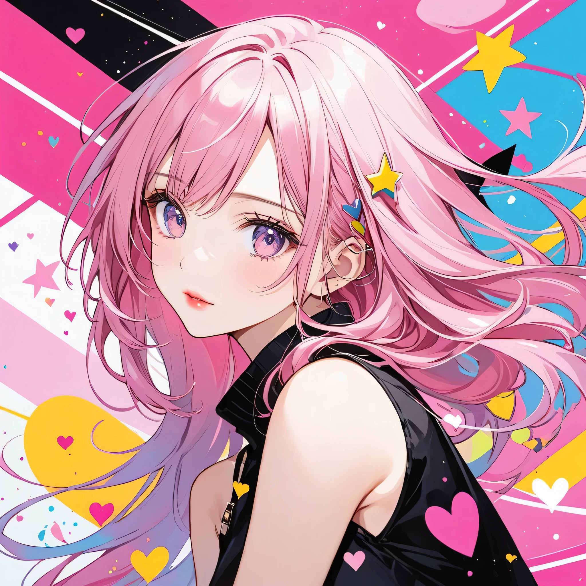 Black Star Pink and White style, Simple Line Initialism,Abstract art,Urban Background, (((The most beautiful girl of all time))), Sweet face. Lips in love, colorful hearts, stylish design